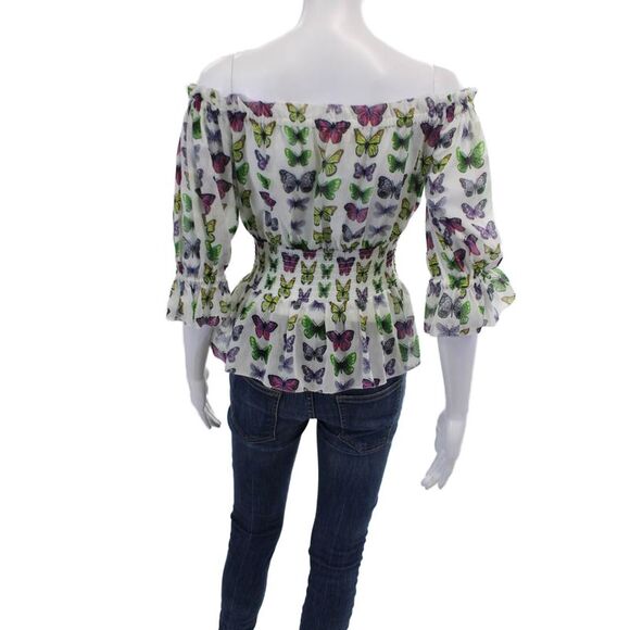 L'Agence Womens Sheer Butterfly Print Off The Shoulder Blouse White Size XS - Picture 3 of 6